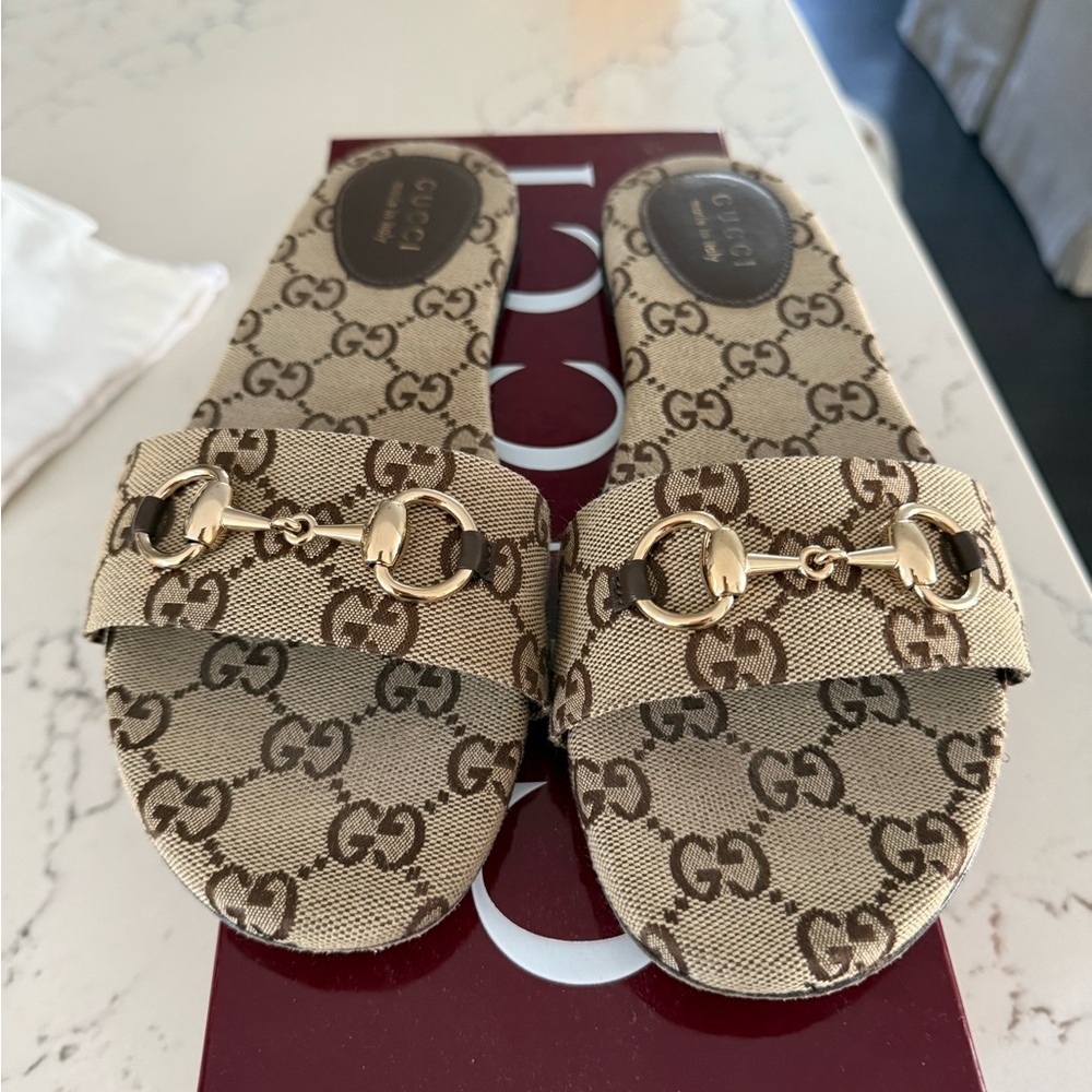 Gucci Beige and Brown GG Slide Sandals